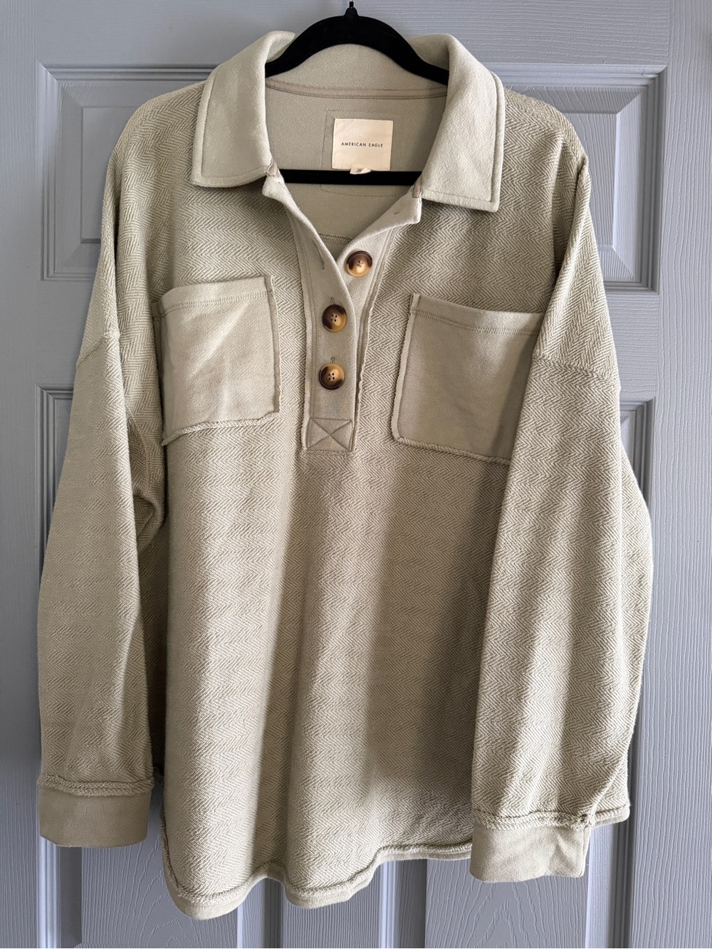 American Eagle Outfitters Women’s Crewneck Button Pullover Sweater - Light Olive